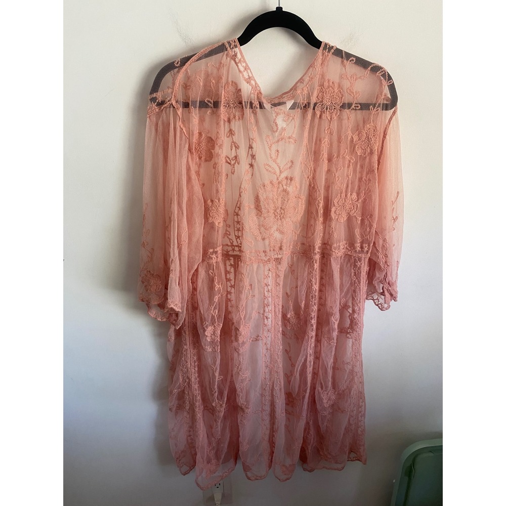 LC Lauren Conrad Pink Floral Embroidered Mesh Kimono Wrap One Size Open Front - Picture 5 of 5
